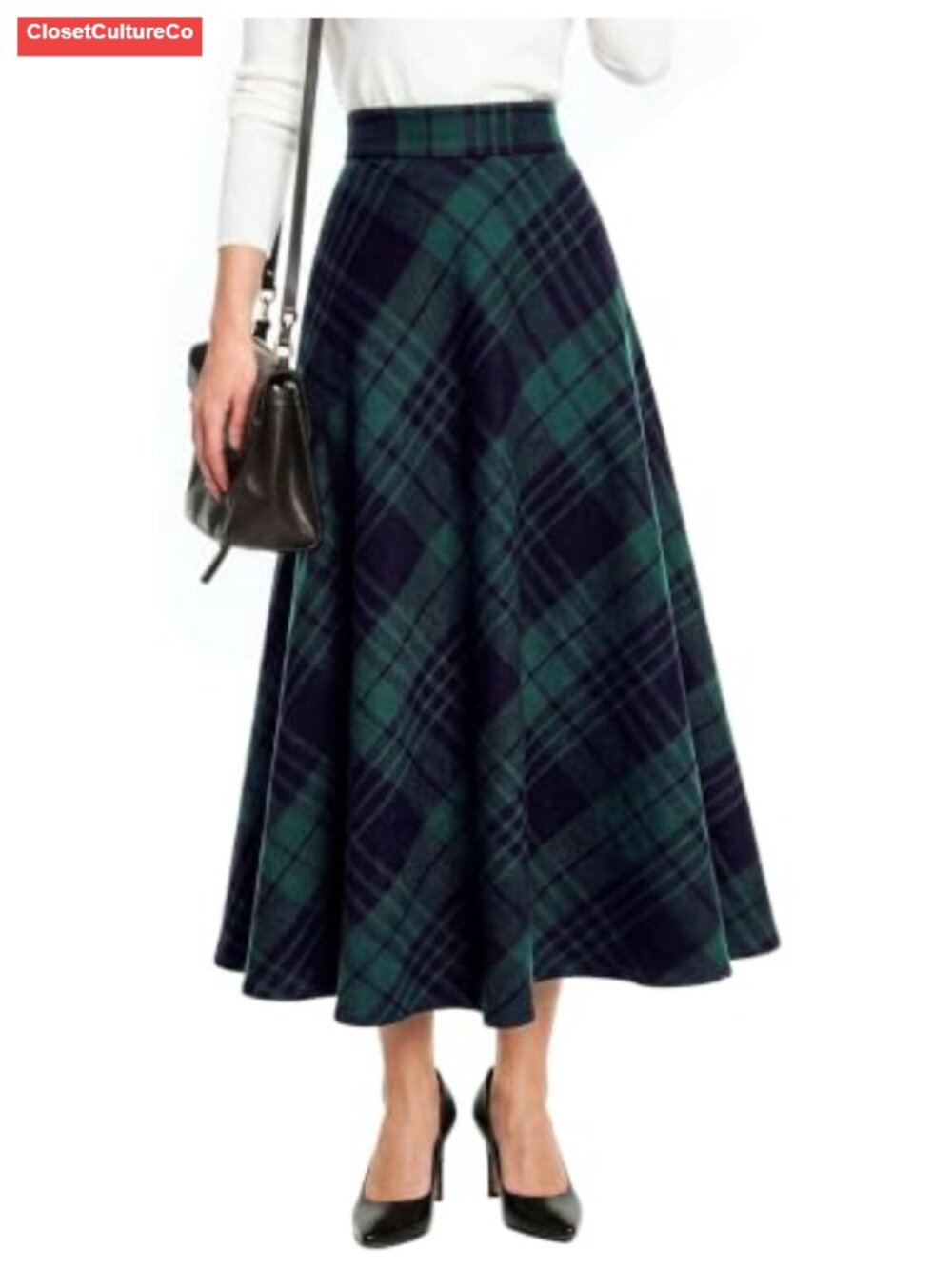 Plaid A-Line Midi Skirt Elastic Waist with Pockets Wool Blend